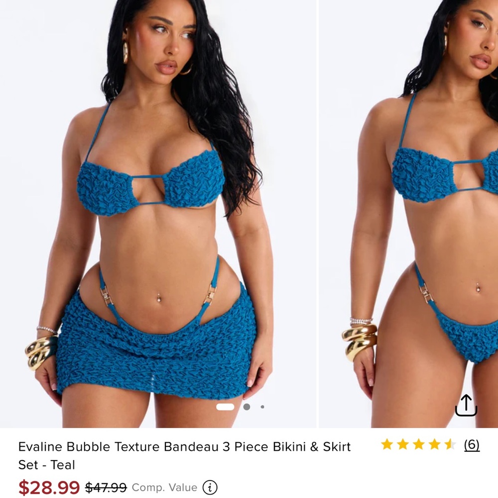 Fashion Nova Teal Evaline Bubble Texture Bandeau 3-Piece Bikini & Skirt Set